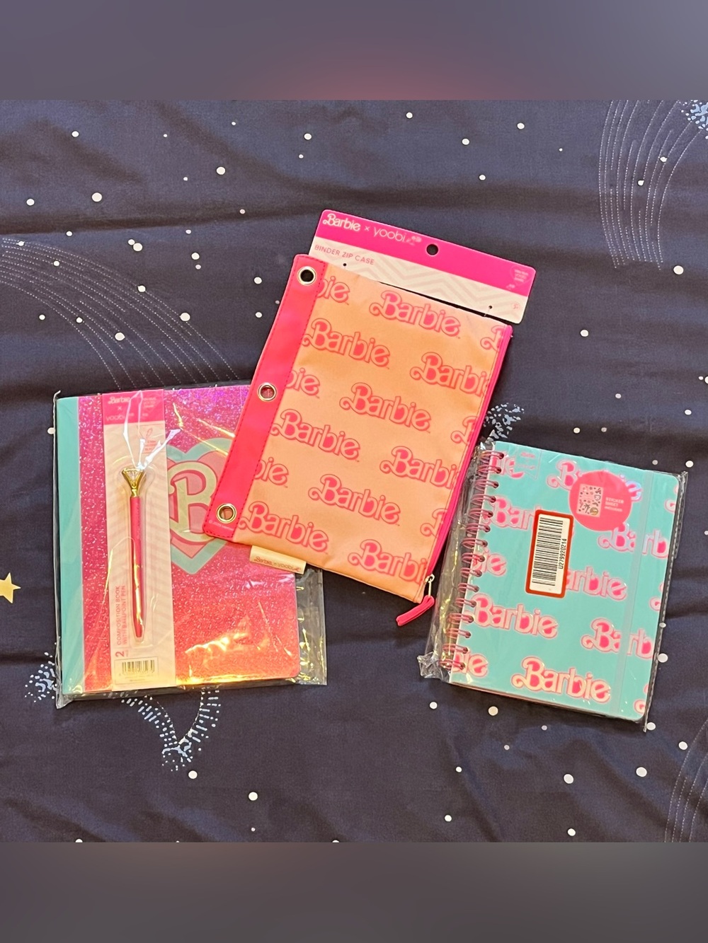 NWT Barbie-themed stationery Yoobi notebook pencil case stickers